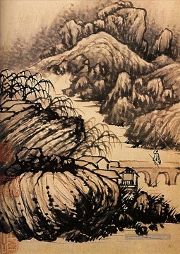 Shitao randonnée dans la région du temple du Dragon 1707 vieille encre de Chine Peinture à l'huile